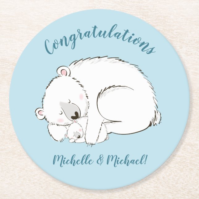 Polar Bear Baby Shower Winter Blue Boy Underlägg Papper Rund (Framsidan)