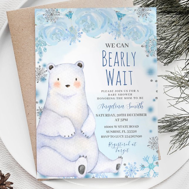 Polar Bear Barly Wait Mountain Blue Baby Shower Inbjudningar (Skapare uppladdad)