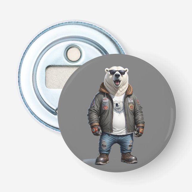 Polar Bear Biker Rebel i Jacka Coola Art i läder Flasköppnare (Framsidan)