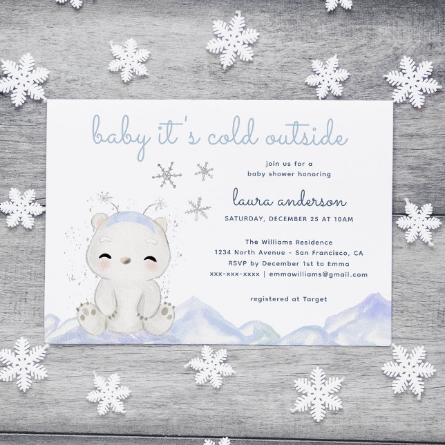 Polar Bear Det är Kallet utanför babyskabinett för Inbjudningar (Polar Bear Baby It's cold Outside Card with blue watercolor snowflakes. Image from freepik)