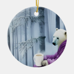 Polar Bear Drinking Coffee Julgransprydnad Keramik