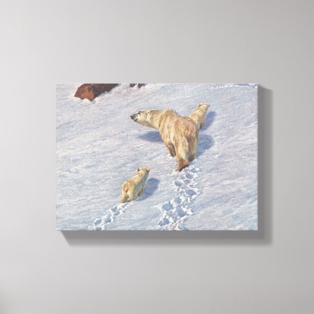 Polar Bear Family i Arktiska Snö Canvastryck (Framsida)