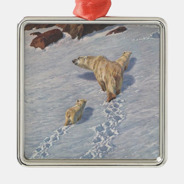 Polar Bear Family i Arktiska Snö Julgransprydnad Metall (Framsidan)