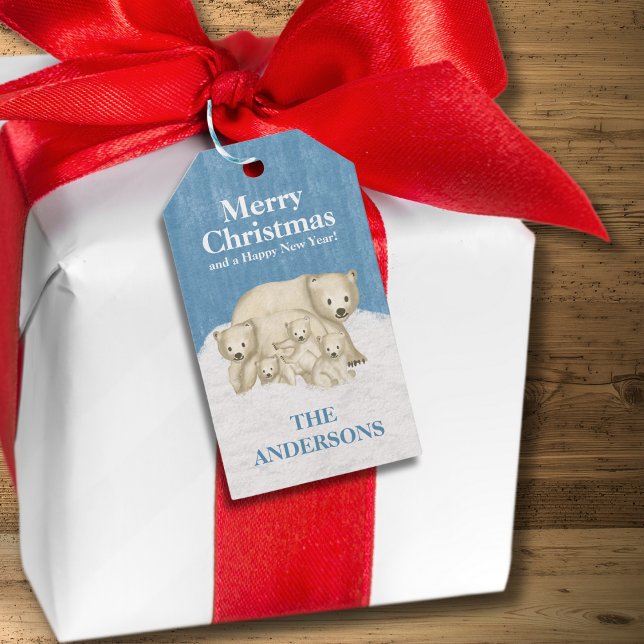 Polar Bear Family of Fem God jul Presentetikett (Skapare uppladdad)