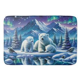 Polar Bear Family Snowy Scene-målning Badrumsmatta
