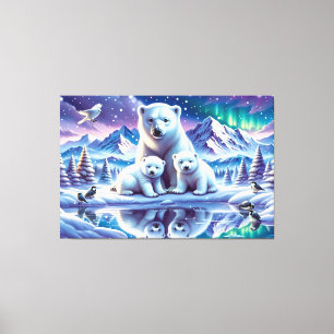 Polar Bear Family Snowy Scene-målning Canvastryck