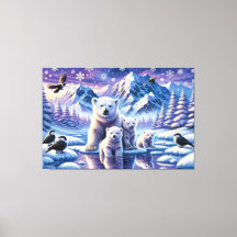 Polar Bear Family Snowy Scene-målning