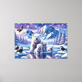 Polar Bear Family Snowy Scene-målning Canvastryck