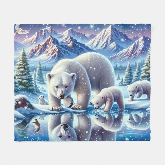 Polar Bear Family Snowy Scene-målning Fleecefilt (Framsidan (Horisontell))