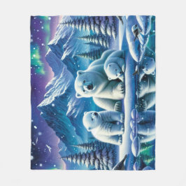 Polar Bear Family Snowy Scene-målning Fleecefilt