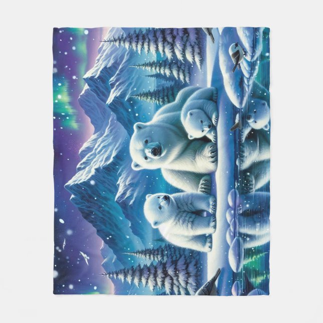 Polar Bear Family Snowy Scene-målning Fleecefilt (Framsidan)