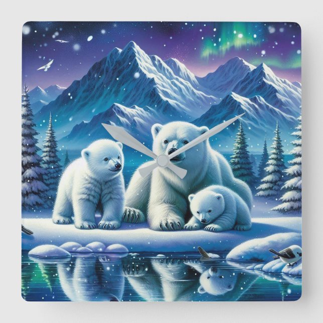 Polar Bear Family Snowy Scene-målning Fyrkantig Klocka (Framsida)