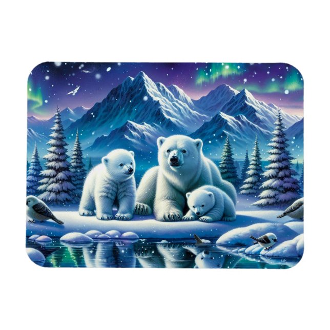 Polar Bear Family Snowy Scene-målning Magnet (Horisontell)