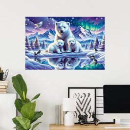 Polar Bear Family Snowy Scene-målning Poster