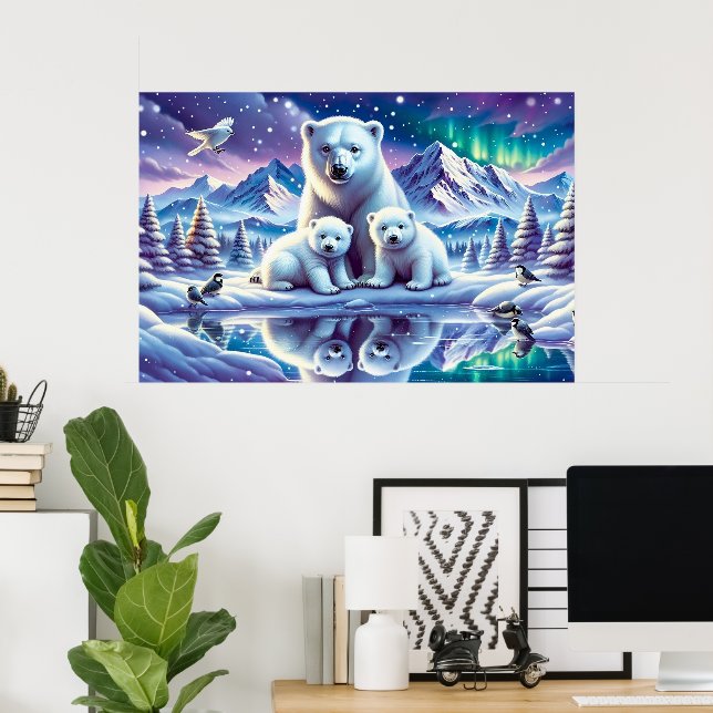Polar Bear Family Snowy Scene-målning Poster (Hemmakontoret)