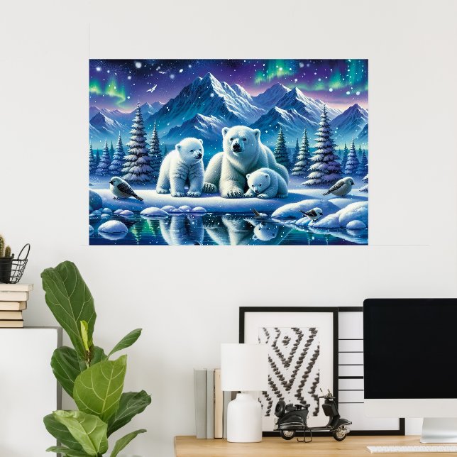 Polar Bear Family Snowy Scene-målning Poster (Hemmakontoret)