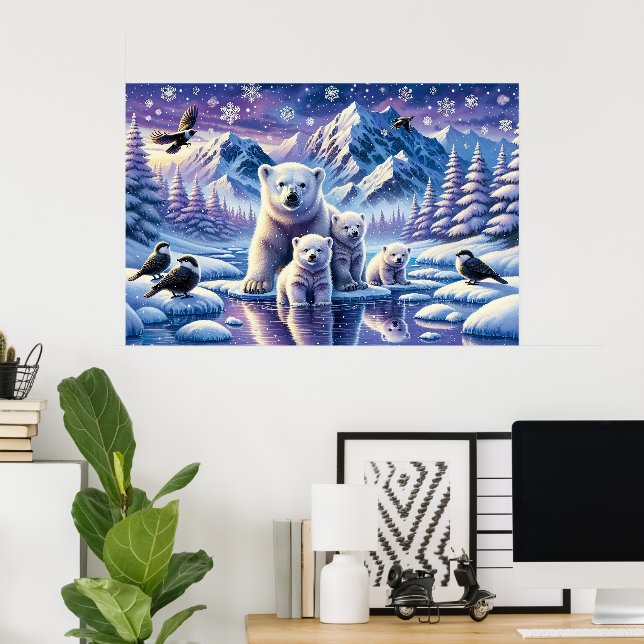 Polar Bear Family Snowy Scene-målning Poster (Hemmakontoret)