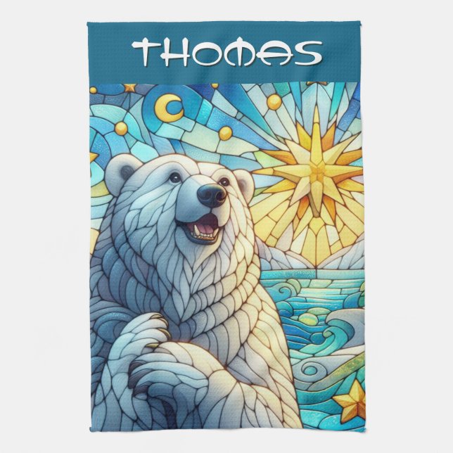 Polar Bear Faux Stained Glass Personalized Kökshandduk (Vertikal)