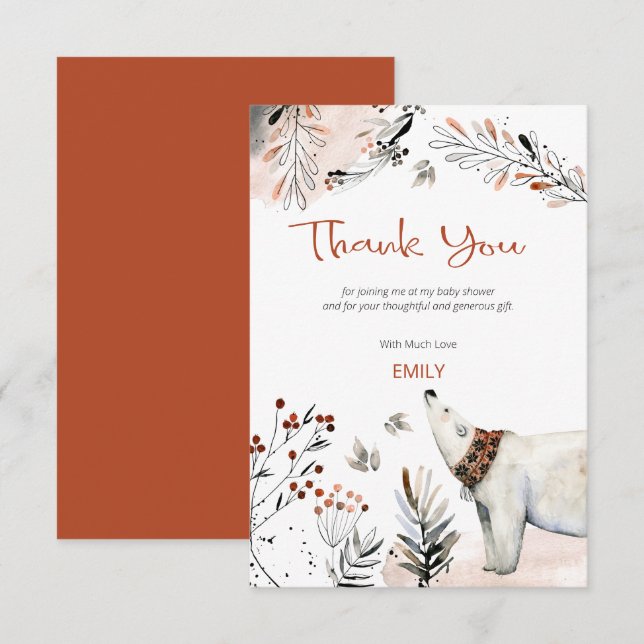 Polar Bear Foliage Burnt Orange Baby Shower Tack Kort (Fram/baksida)