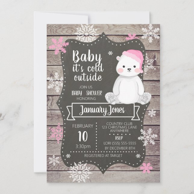 Polar Bear Girl Baby Shower-inbjudan I Rosa Inbjudningar (Framsida)