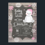 Polar Bear Girl Baby Shower-inbjudan I Rosa Inbjudningar<br><div class="desc">Kolla in den här vackra polarna med inbjudningar. Den här söta vinterkallelsen har en söt polar med en rosa vinter-hatt. Inbjudan är designad med en bakgrund av trä och chalkboard och snöflingor som skapar en mysigt rustik känsla. Anpassa din inbjudan till gästen av hedersgästen namn och evenemangsdetaljer i vacker dekorativ...</div>