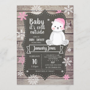 Polar Bear Girl Baby Shower-inbjudan I Rosa Inbjudningar