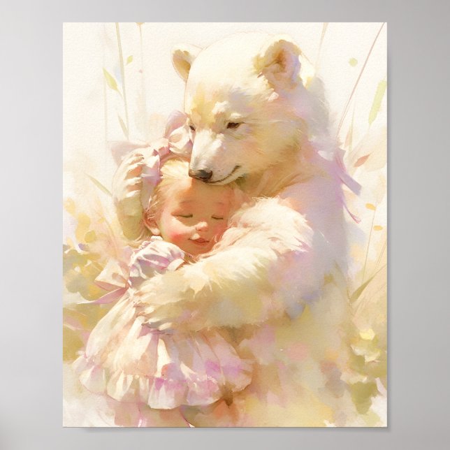 Polar Bear Hug with Baby Girl Nursery Wall Poster (Framsidan)