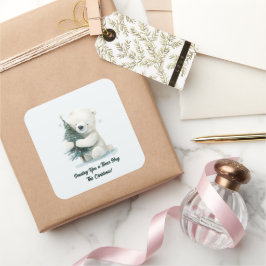 Polar Bear Hugger Julgran, Cute Fyrkantigt Klistermärke