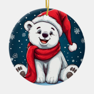 Polar Bear i Santa Hat, Tecknad Julgransprydnad Keramik