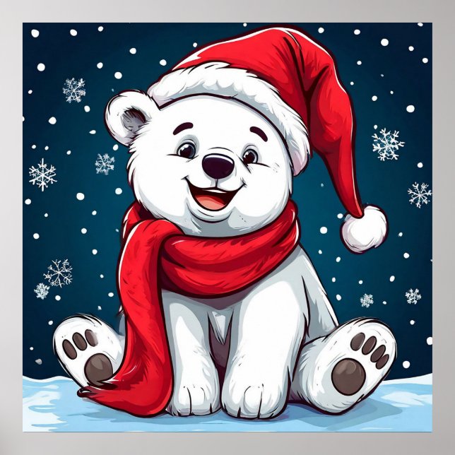 Polar Bear i Santa Hat, Tecknad Poster (Framsidan)