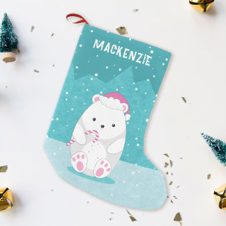 Polar Bear in Rosa Santa Cute Tecknad Blue Liten Julstrumpa
