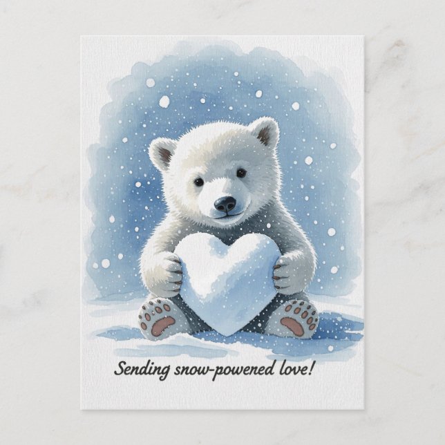 Polar bear in the snow with heart shaped snowball vykort (Framsida)