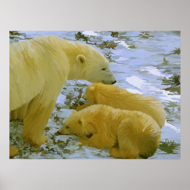 Polar Bear mamma och hennes unge pappra utskrift Poster (Framsidan)