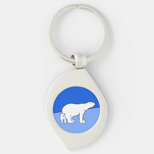Polar Bear Mamma och Unge Painting - Wildlife Art Swirl Silverfärgad Nyckelring (Framsidan)