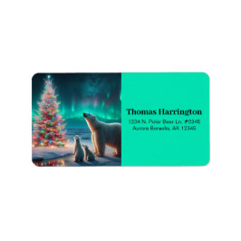 Polar Bear Mamma Unge Julgran Aurora Borealis Adressetikett