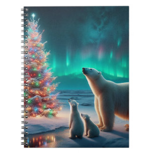 Polar Bear Mamma Unge Julgran Aurora Borealis Anteckningsbok