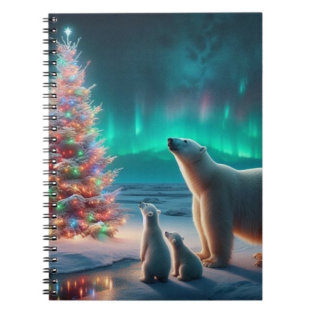 Polar Bear Mamma Unge Julgran Aurora Borealis Anteckningsbok (Framsidan)