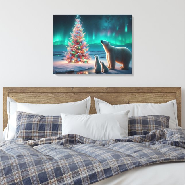 Polar Bear Mamma Unge Julgran Aurora Borealis Canvastryck (Insitu (sovrum))