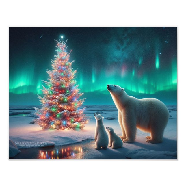 Polar Bear Mamma Unge Julgran Aurora Borealis Fototryck (Framsidan)