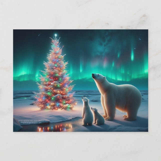 Polar Bear Mamma Unge Julgran Aurora Borealis Helg Vykort (Framsida)