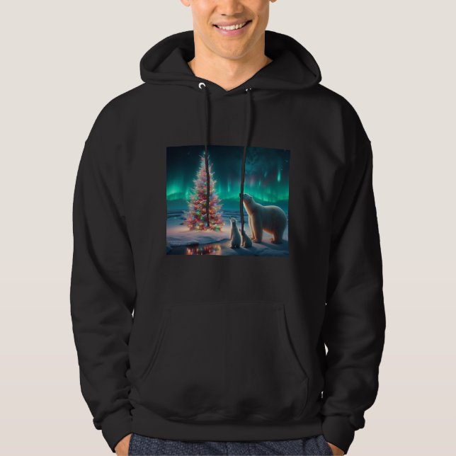 Polar Bear Mamma Unge Julgran Aurora Borealis Hoodie (Framsida)