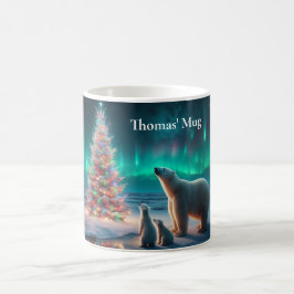 Polar Bear Mamma Unge Julgran Aurora Borealis Kaffemugg