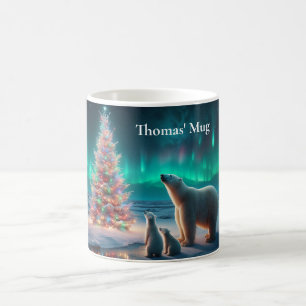 Polar Bear Mamma Unge Julgran Aurora Borealis Kaffemugg