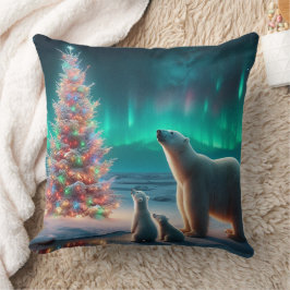 Polar Bear Mamma Unge Julgran Aurora Borealis Kudde