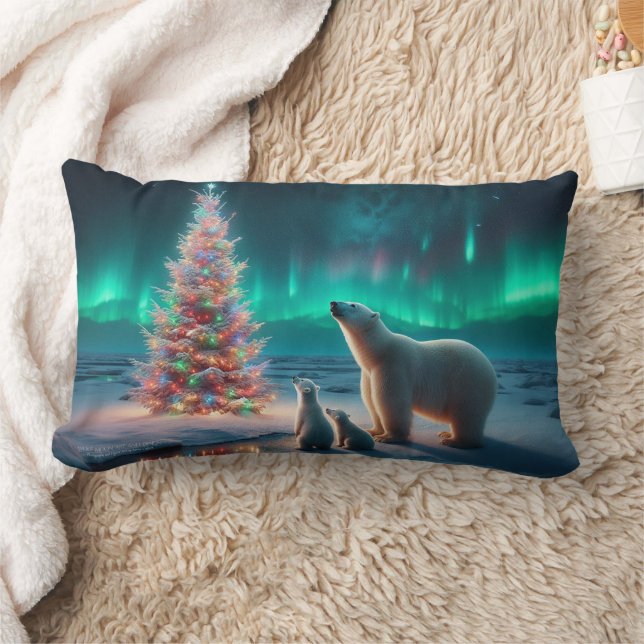 Polar Bear Mamma Unge Julgran Aurora Borealis Lumbarkudde (Filt)