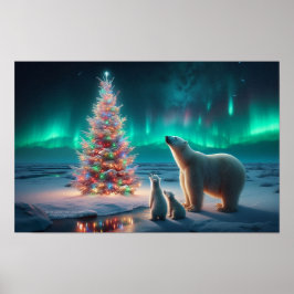 Polar Bear Mamma Unge Julgran Aurora Borealis Poster