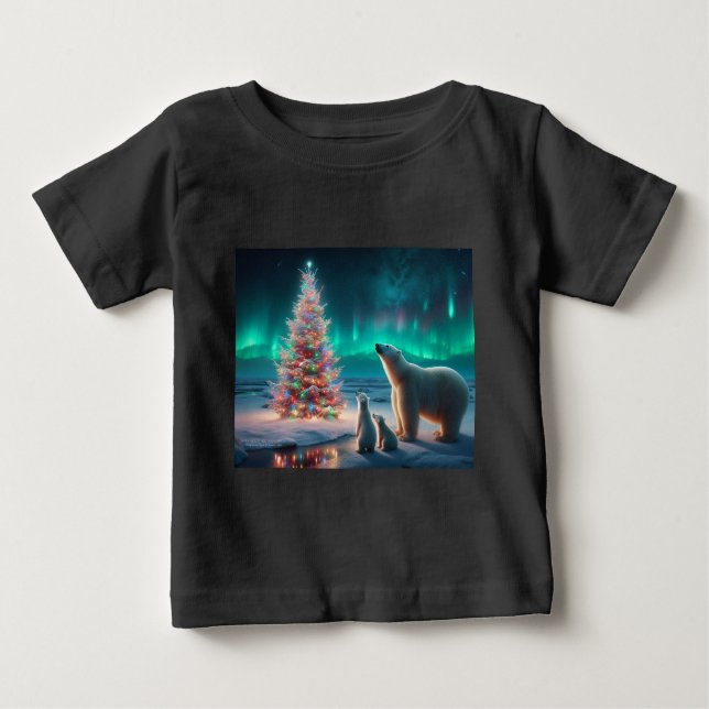 Polar Bear Mamma Unge Julgran Aurora Borealis T Shirt (Framsida)