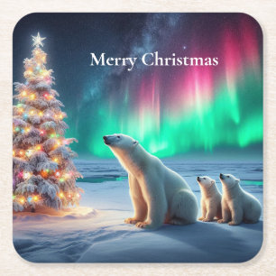Polar Bear Mamma Unge Julgran NordLjus Underlägg Papper Kvadrat