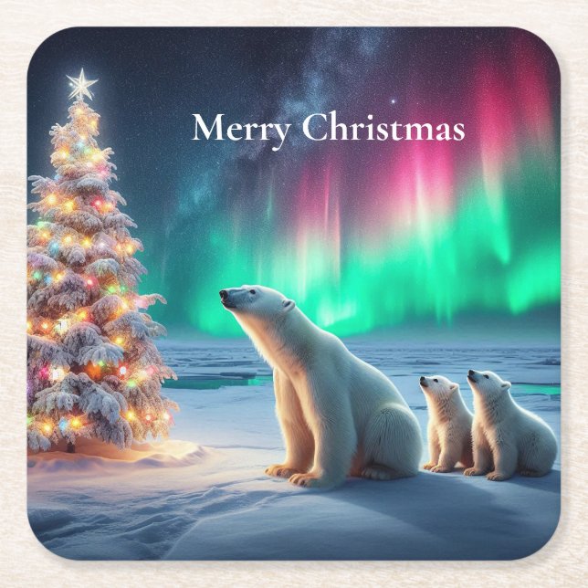 Polar Bear Mamma Unge Julgran NordLjus Underlägg Papper Kvadrat (Framsidan)