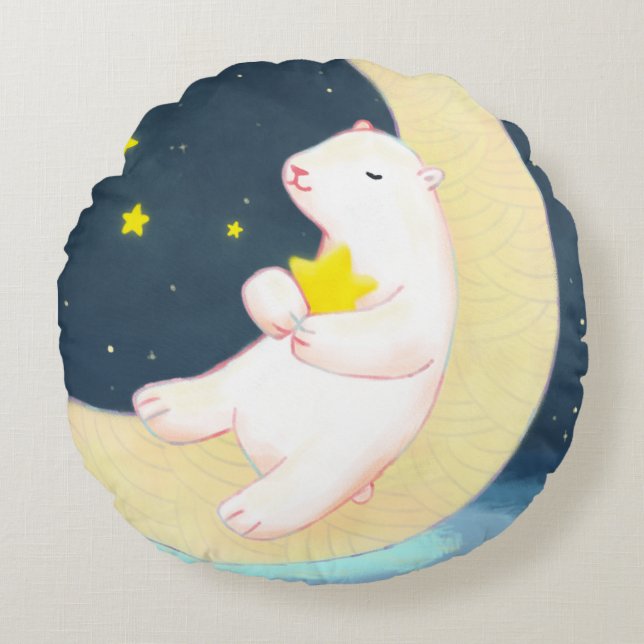 Polar Bear, Måne & Stars Rund Kudde (Framsidan)